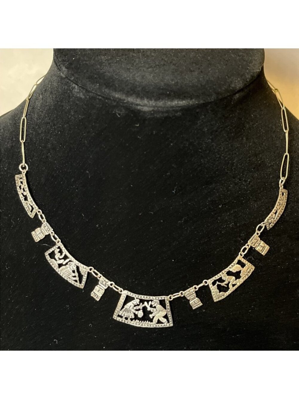 Vintage 900 Silver Tribal Figural Storyteller Panel Necklace Folk Jewelry 16"